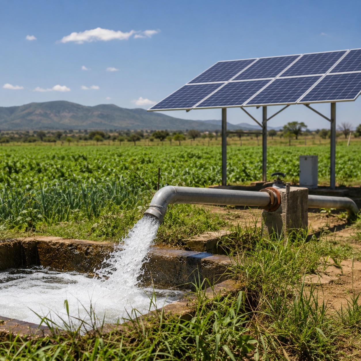 Solar-powered agricultural water system in a working field environment